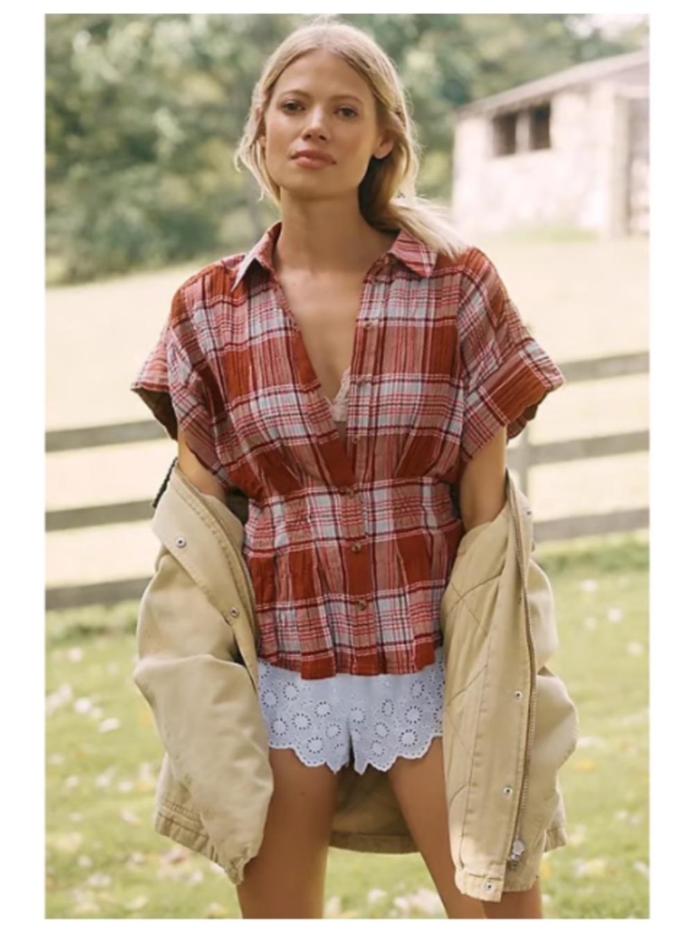 NWT Anthropologie The Bobbie Short-Sleeve Fitted-Waist Plaid Blouse by Pilcro